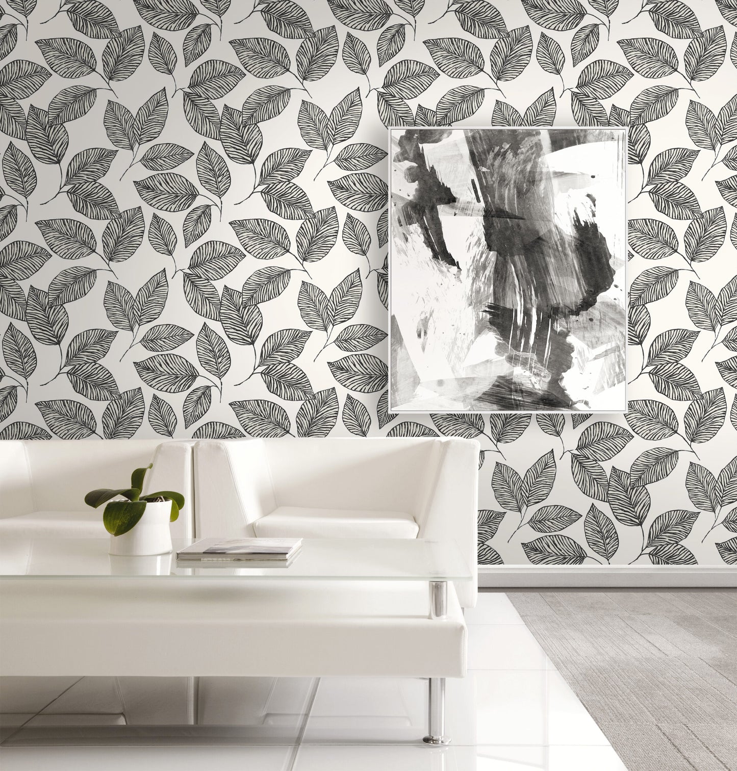 Modern Living Painted Leaf Black and White | WF40000